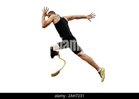 Runner atleta amputato disabili Start Esegui. isolato su sfondo bianco Foto Stock
