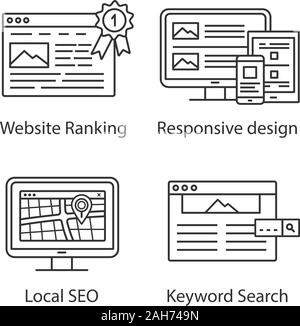 SEO lineare set di icone. Sito web ranking design sensibile, locale SEO, la ricerca per parola chiave. Linea sottile simboli di contorno. Vettore isolato illustrazioni di contorno. Illustrazione Vettoriale