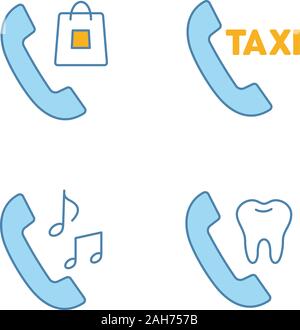 I servizi telefonici le icone a colori set. Shopping, taxi ordinazione, suoneria, appuntamento dal dentista. Isolato illustrazioni vettoriali Illustrazione Vettoriale