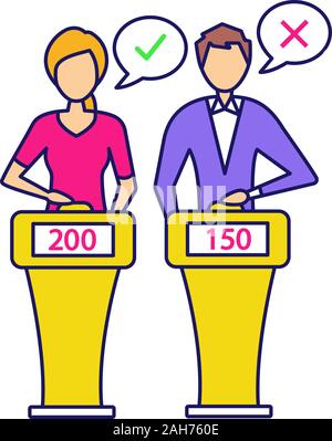 Quiz show a colori con icone. I giocatori di gioco intellettuale rispondendo alle domande. I concorrenti del gioco a quiz premendo il pulsante permanente al sistema cicalino. Trivia con Illustrazione Vettoriale