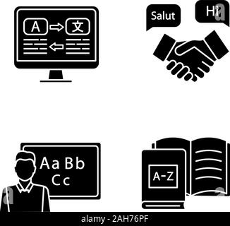 Apprendimento di una lingua straniera glifo set di icone. Traduzione Lingua per il business, madrelingua, libri. Simboli di Silhouette. Vettore illustrazione isolato Illustrazione Vettoriale