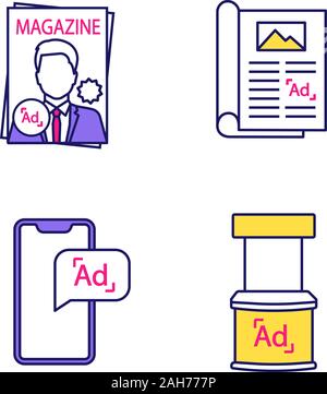 Canali pubblicitari a colori set di icone. Magazine, articolo, mobile marketing, supporto promozionale. Isolato illustrazioni vettoriali Illustrazione Vettoriale