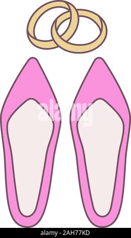 Accessori per nozze a colori con icone. Anello di fidanzamento e scarpe nuziale. Agenzia matrimoniale. Isolato illustrazione vettoriale Illustrazione Vettoriale