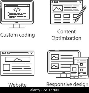 SEO lineare set di icone. Codifica personalizzata, la modifica del contenuto, sito web design reattivo. Linea sottile simboli di contorno. Vettore isolato illustrazioni di contorno. Pronto soccorso Illustrazione Vettoriale