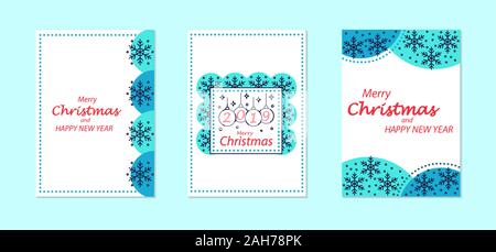 Auguri di Buon Natale e Anno Nuovo biglietto di auguri modelli vettoriali set. Felici vacanze invernali caratteri scritti a mano con bordi, cornici. I fiocchi di neve composizioni Illustrazione Vettoriale
