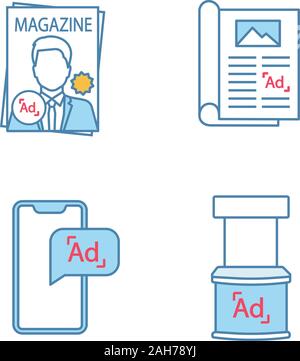 Canali pubblicitari a colori set di icone. Magazine, articolo, mobile marketing, supporto promozionale. Isolato illustrazioni vettoriali Illustrazione Vettoriale