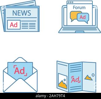Canali pubblicitari a colori set di icone. Annunci pubblicitari sui quotidiani, forum, e-mail marketing, forum. Isolato illustrazioni vettoriali Illustrazione Vettoriale