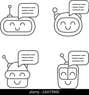 Messaggi Chatbots lineare set di icone. Talkbots. Ridendo assistenti virtuali. Gli agenti di conversazione. Moderno robot. Linea sottile simboli di contorno. V isolata Illustrazione Vettoriale