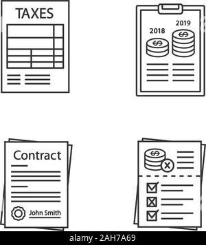 Controllo lineare di set di icone. Le imposte sotto forma di relazione annuale, contratto, rischi di audit. Linea sottile simboli di contorno. Vettore isolato illustrazioni di contorno. S modificabile Illustrazione Vettoriale