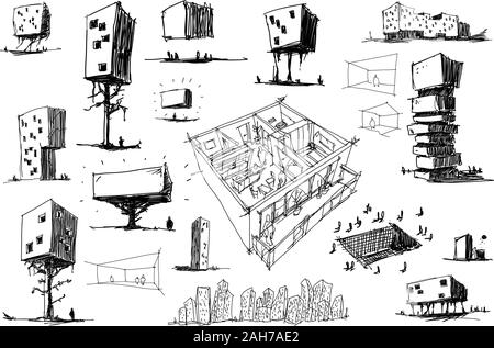 Molti disegnati a mano architectectural schizzi di una moderna architettura astratta nad oggetti geometrici e urban idee e interno Illustrazione Vettoriale