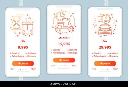 Piani tariffari di onboarding mobile app schermi template vettoriale. Procedura dettagliata nelle pagine del sito web di interfaccia. Lite, standart, pro i prezzi del servizio. Sottosc dello smartphone Illustrazione Vettoriale