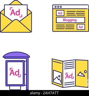 Canali pubblicitari a colori set di icone. Fermata bus pubblicità, marketing e-mail, blog, brochure. Isolato illustrazioni vettoriali Illustrazione Vettoriale