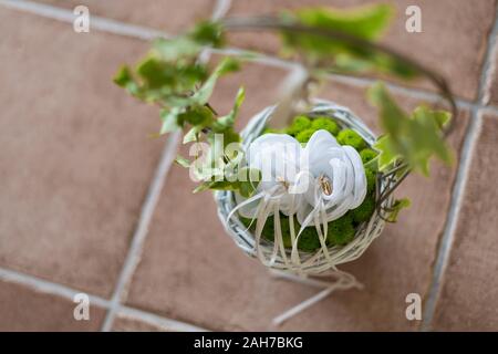 Due anelli dorati di nozze sono tenuti su un cuscino bianco all'interno di un cesto di vimini decorato con edera Foto Stock