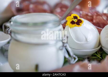 Primo piano di una composizione gourmet composta da mozzarella ricoperta di fiore, tra le altre prelibatezze Foto Stock