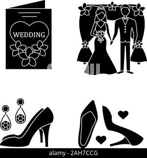 Wedding planning glifo set di icone. Donna accessori, tacco alto scarpa, invito a nozze, floreali arch. Simboli di Silhouette. Vettore illustrati isolato Illustrazione Vettoriale