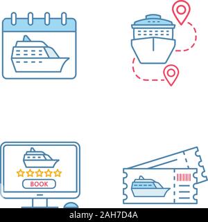 Crociera le icone di colore impostato. Estate viaggio. Agenzia di viaggi. Crociera data di partenza, itinerari di viaggio, prenotazione online, escursione biglietti. Vettore isolato malato Illustrazione Vettoriale