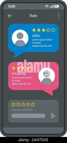 I consumatori di interfaccia feedback template vettoriale. Mobile App interface design nero formato. Servizio o applicazione giudizio utenti. Interfaccia utente di piatto. Display del telefono wi Illustrazione Vettoriale
