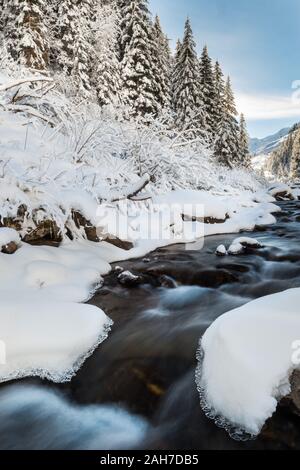 L'iconico paesaggio invernale italiano, con un ruscello che scorre tra rocce innevate e una pineta Foto Stock