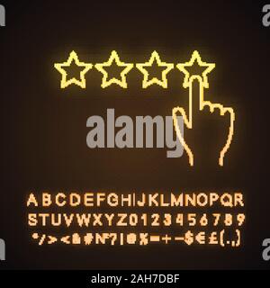 Cinque stelle di luce al neon icona. Il cliente eccellente recensione e feedback. Alta classifica. La soddisfazione del cliente. Segno incandescente con alfabeto, numeri e s Illustrazione Vettoriale