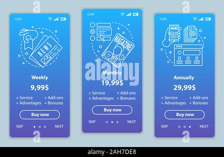 Giornale, rivista abbonamento onboarding mobile app schermi con i prezzi del servizio. Pubblicazioni periodiche procedura dettagliata nelle pagine del sito web di modelli. Tarif Illustrazione Vettoriale