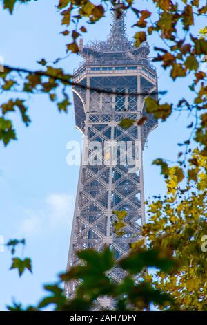 Parigi, Francia - 8 Novembre 2019: la Torre Eiffel, dal giardino dei Campi di Marte. Un posto con alberi e sentieri per camminate, sempre con la torre hoveri Foto Stock