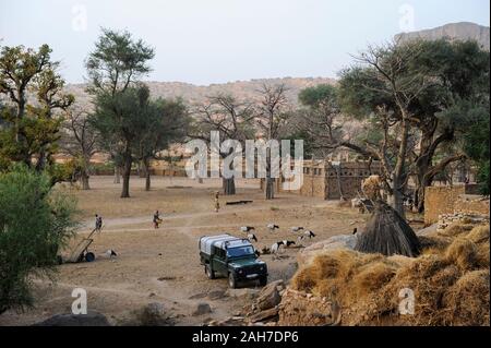 MALI, Bandiagara, Dogonland, habitat dell'etnia Dogon, villaggio Dogon con alberi di baobab a falaise rock formazione Foto Stock