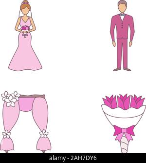 Wedding planning color set di icone. Sposa e lo sposo, wedding floral arch, bouquet. Isolato illustrazioni vettoriali Illustrazione Vettoriale