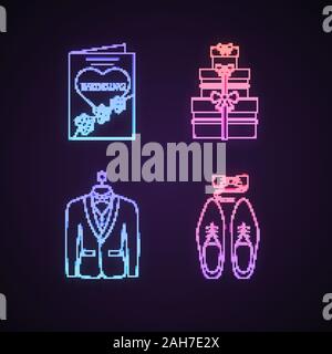 Wedding planning di luce al neon set di icone. Doni, uomini di accessori, invito a nozze, Tuxedo. Segni incandescente. Vettore illustrazioni isolate Illustrazione Vettoriale