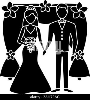 Sposa e lo sposo glifo icona. Arco di nozze photozone.sposa. Appena una coppia sposata. Fidanzato, fidanzata. Agenzia matrimoniale. Simbolo di Silhouette. S negativa Illustrazione Vettoriale