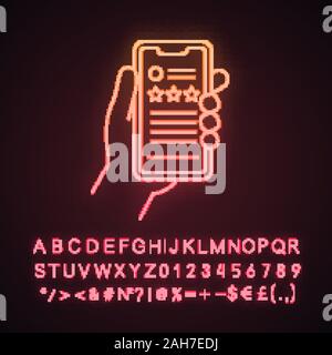 App rating luce al neon icona. Il feedback del cliente applicazione. Classifica. Recensioni. Mano azienda smartphone. Segno incandescente con alfabeto, numeri e simboli. Illustrazione Vettoriale