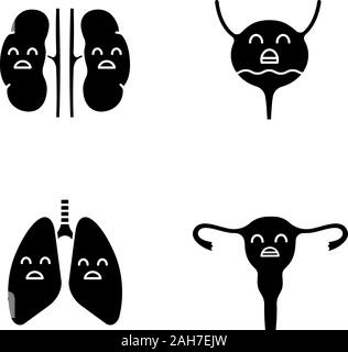 Triste umana organi interni glifo set di icone. Reni infelice, vescica urinaria, polmoni, utero. Malsana polmonare, urinario, riproduttivo. Silhou Illustrazione Vettoriale