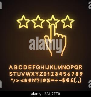 Il feedback del cliente e di classificazione di luce al neon icona. Classifica. Revisione del cliente. Scala di valutazione fare clic. Segno incandescente con alfabeto, numeri e simboli. Vector isol Illustrazione Vettoriale