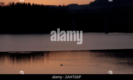 Vista su un lago ghiacciato al tramonto, Germania. Foto Stock