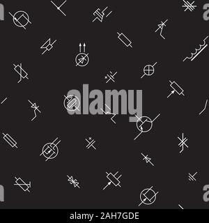 Line art componenti elettronici icone seamless pattern. In bianco e nero il vettore tassellabile a sfondo. Illustrazione Vettoriale