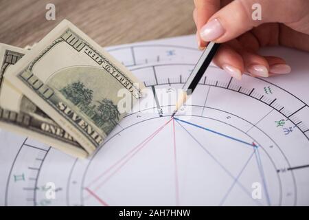 Vista ritagliata di astrologo disegno Natal grafico accanto a dollar banconote sul tavolo Foto Stock