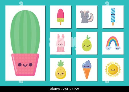 Il cactus e il set di icone di cartoni animati design, Kawaii espressione carattere simpatico e divertente il tema di emoticon illustrazione vettoriale Illustrazione Vettoriale