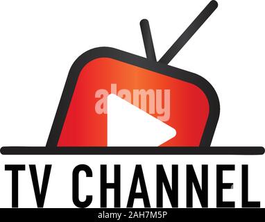 Online il canale TV Logo Design Template, luogo, TV flottante concetto, arrotondato Icona TV, Live Streaming, società di intrattenimento, Antenna, bianco pulsante Riproduci Illustrazione Vettoriale
