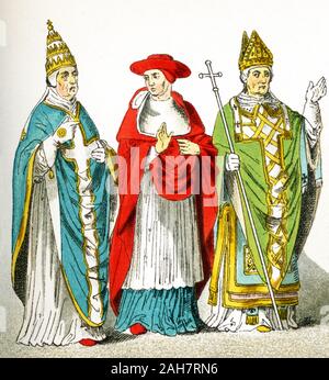 Le figure in questa immagine sono italiani dall'A.D. 1300s. Essi rappresentano, da sinistra a destra: un papa, un cardinale e arcivescovo. L'illustrazione risale al 1882. Foto Stock
