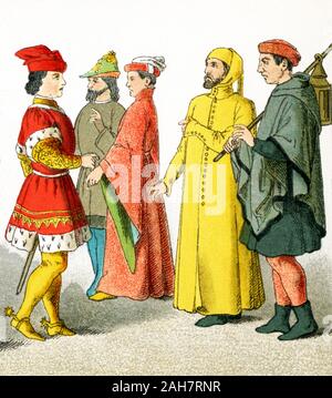 Le figure in questa immagine sono italiani dall'A.D. 1300s. Essi rappresentano, da sinistra a destra: tre uomini di rango, un cittadino e un contadino. L'illustrazione risale al 1882. Foto Stock