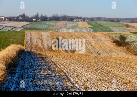Coltivate i campi agricoli come modello astratto in autunno il tramonto. Colorata campagna patchwork Foto Stock