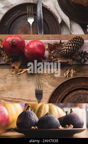 Collage di tavolo in legno con piatti e posate, melograno, foglie secche, fichi e coni, festa del Ringraziamento Impostazione tabella Foto Stock