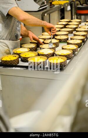 Chef pastoso chef adulto forte preparare e decorare panettone per la cottura , un dolce pane natalizio tipico di Milano Foto Stock