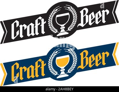 La birra artigianale Banner Style Badge o etichetta con tradizionale calice Belga, orzo corona e lettere gotiche. Con il bianco e nero e le versioni a colori. Illustrazione Vettoriale