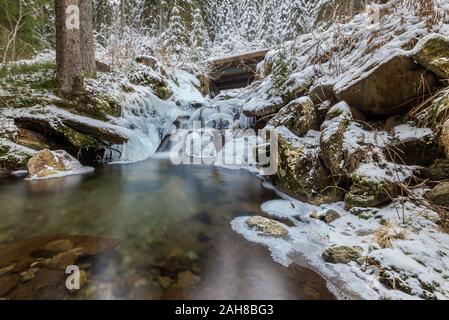 Ampia vista panoramica del paesaggio invernale, con una piccola cascata che scorre tra rocce ricoperte di ghiaccio e in uno stagno cristallino, circondato da pini Foto Stock