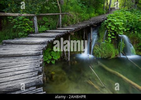 Ampia vista di una passerella in legno che si snocciola su uno stagno e in un bosco, vicino a due piccole cascate Foto Stock