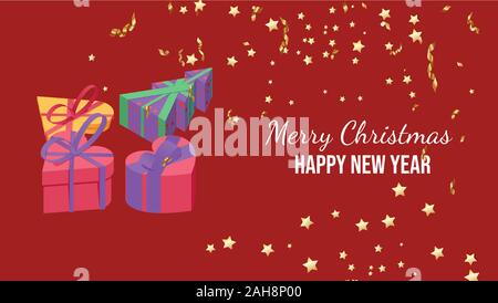 Felice Anno Nuovo biglietto di auguri Modello. Buon Natale calligrafia isometrica con confezioni regalo, golden coriandoli su sfondo rosso. Xmas banner orizzontale formato, vacanze inverno cartolina idea design Illustrazione Vettoriale