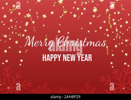 Merry Christmas greeting card template vettoriale. Felice Anno Nuovo iscrizione con golden coriandoli e stelle filanti su sfondo rosso. Vacanze inverno sfondo decorativo, banner, scheda stampabile il layout di progettazione Illustrazione Vettoriale