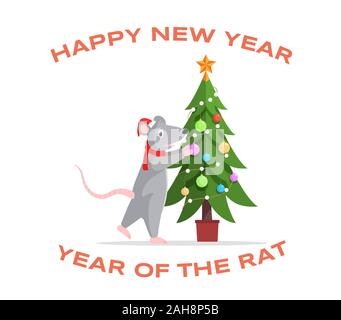 Adorabili decorazione di ratto abete illustrazione. Mouse carino preparare per l'anno nuovo personaggio dei fumetti isolati su sfondo bianco. Messaggio di saluto festivo card, poster design con 2020 anno simbolo Illustrazione Vettoriale