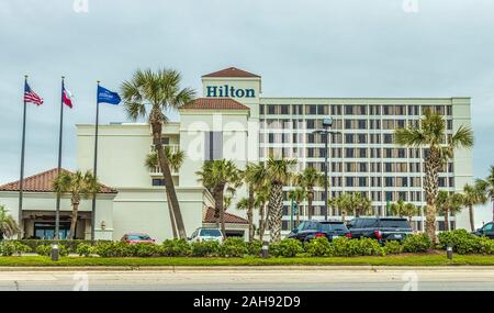 Galveston Hilton Hotel sul Seawall Boulevard. Foto Stock