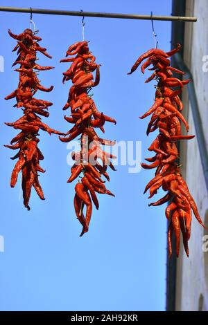 Dettaglio del peperoncino appeso fuori della casa per l'asciugatura. Foto Stock